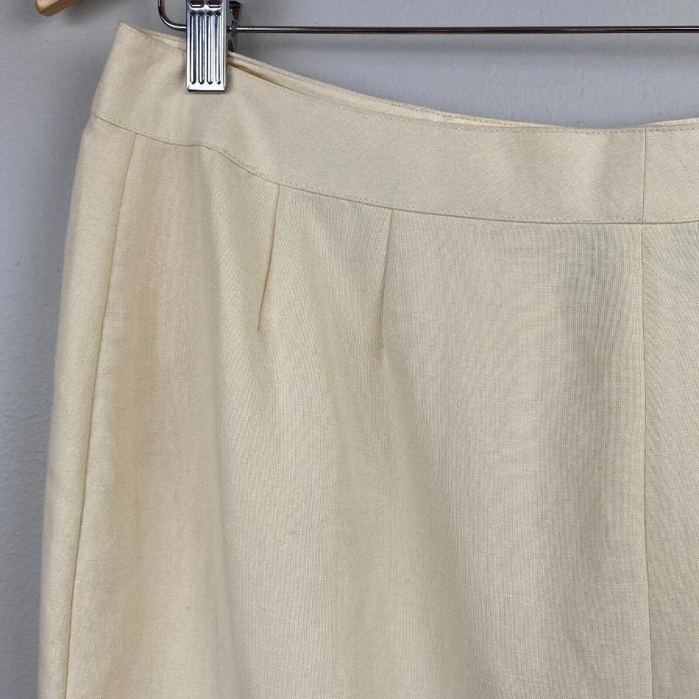 Emanuel Ungaro Pencil Skirt 12 Linen Blend Cream Above Knee Tabbed Waist Office‎